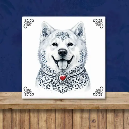 Sfeerafbeelding van een tegeltje met Akita hond in Zeeuwse stijl met rood hartje