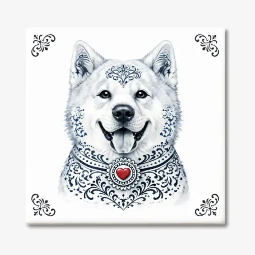 Tegeltje met Akita hond in Zeeuwse stijl met rood hartje