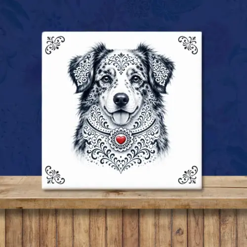 Sfeerafbeelding van een tegeltje met Australian Shepherd in Zeeuwse stijl met rood hartje