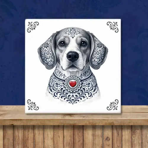 Sfeerafbeelding van een tegeltje met Beagle hond in Zeeuwse stijl met rood hartje