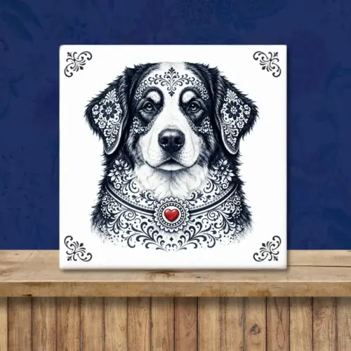 Sfeerafbeelding van een tegeltje met Berner Sennen hond in Zeeuwse stijl met rood hartje