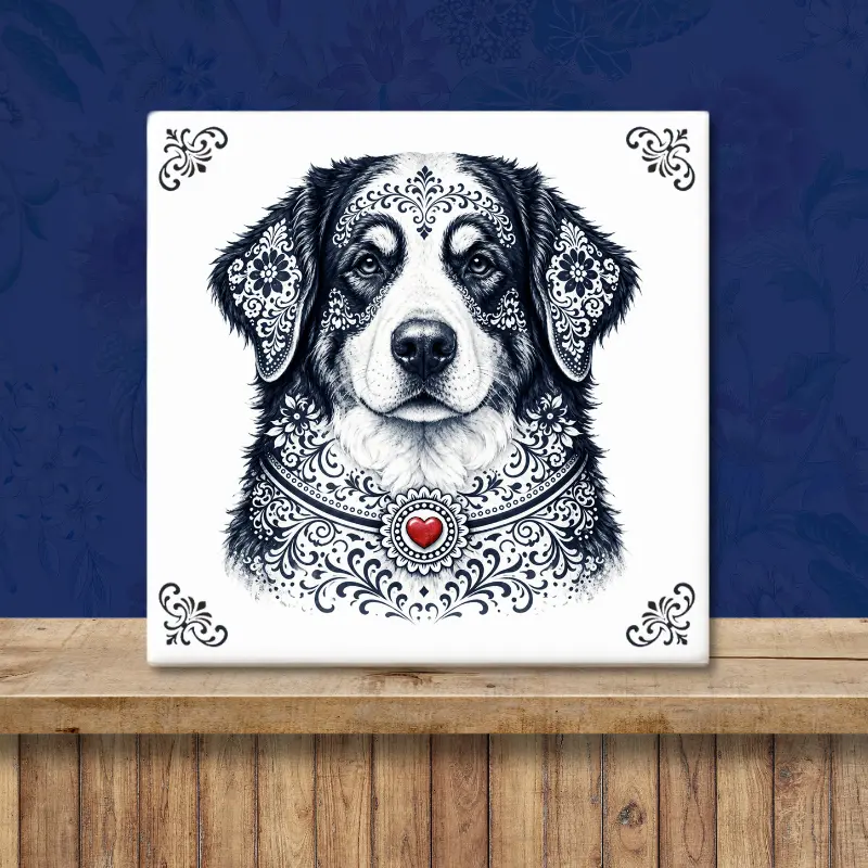 Berner Sennen hond Zeeuws honden tegeltje Sfeerafbeelding van een tegeltje met Berner Sennen hond in Zeeuwse stijl met rood hartje