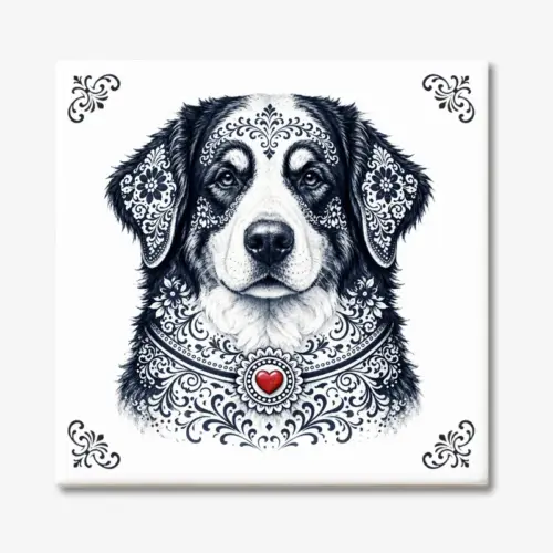 Tegeltje met Berner Sennen hond in Zeeuwse stijl met rood hartje