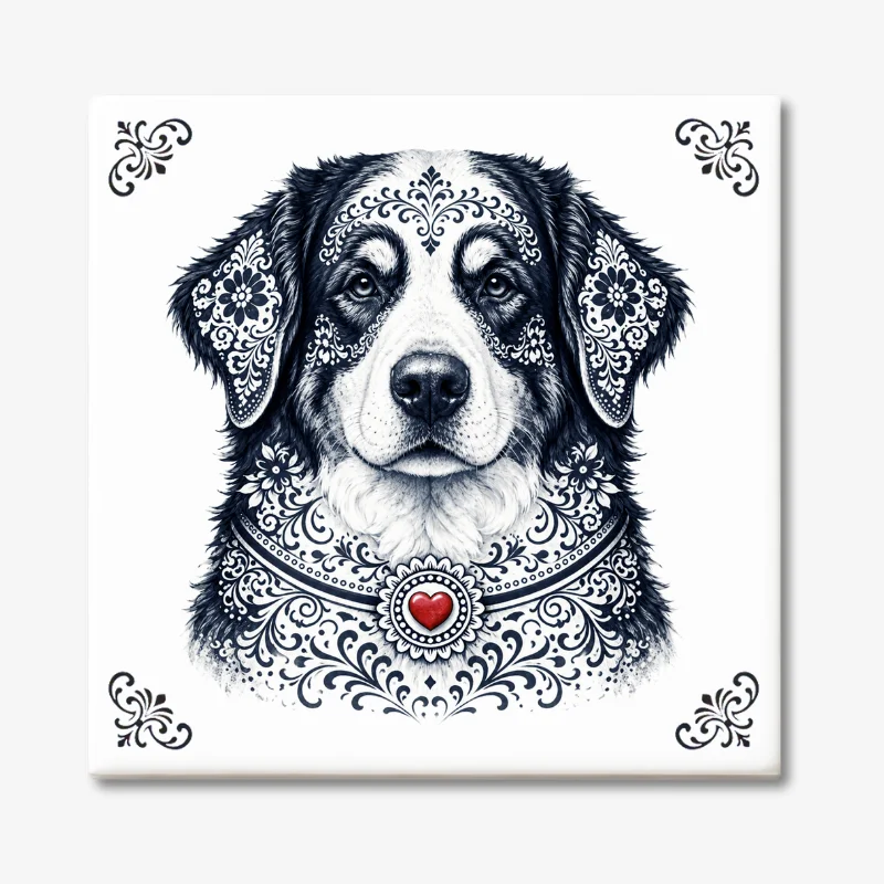 Berner Sennen hond Zeeuws honden tegeltje Tegeltje met Berner Sennen hond in Zeeuwse stijl met rood hartje