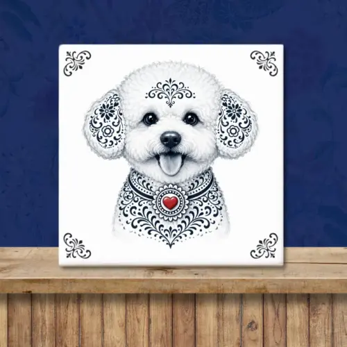Sfeerafbeelding van een tegeltje met Bichon Frisé in Zeeuwse stijl met rood hartje