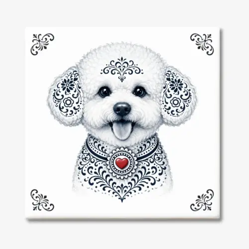 Tegeltje met Bichon Frisé in Zeeuwse stijl met rood hartje
