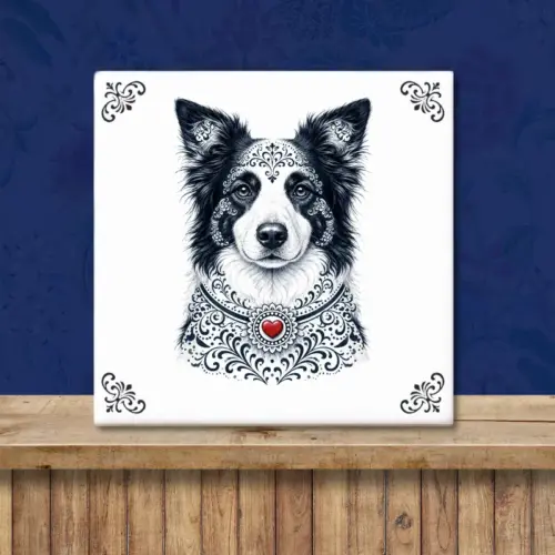 Sfeerafbeelding van een tegeltje met Border Collie hond in Zeeuwse stijl met rood hartje