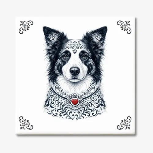 Tegeltje met Border Collie hond in Zeeuwse stijl met rood hartje