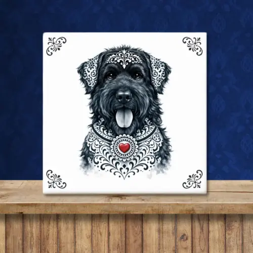Sfeerafbeelding van een tegeltje met Bouvier des Flandres hond in Zeeuwse stijl met rood hartje