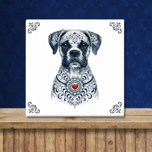 Sfeerafbeelding van een tegeltje met Boxer hond in Zeeuwse stijl met rood hartje