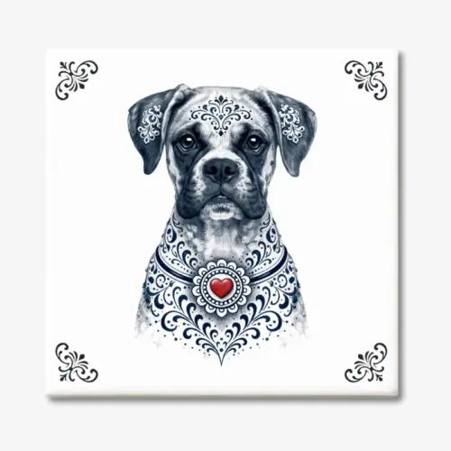 Tegeltje met Boxer hond in Zeeuwse stijl met rood hartje