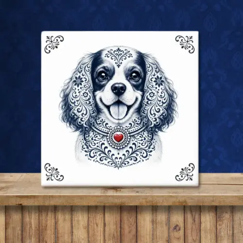 Sfeerafbeelding van een tegeltje met Cavalier King Charles Spaniël in Zeeuwse stijl met rood hartje