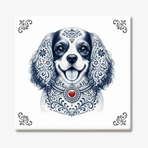 Tegeltje met Cavalier King Charles Spaniël in Zeeuwse stijl met rood hartje