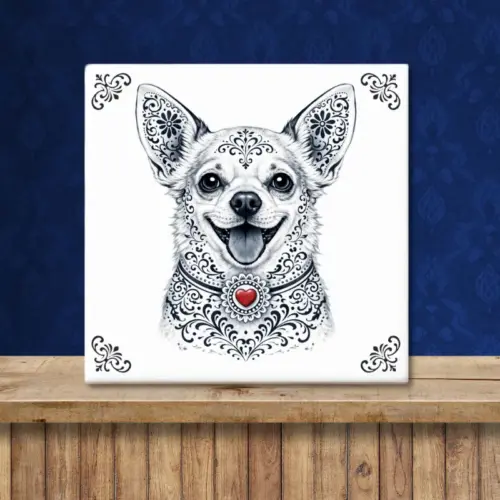 Sfeerafbeelding van een tegeltje met Chihuahua hond in Zeeuwse stijl met rood hartje