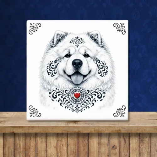 Sfeerafbeelding van een tegeltje met Chow Chow in Zeeuwse stijl met rood hartje