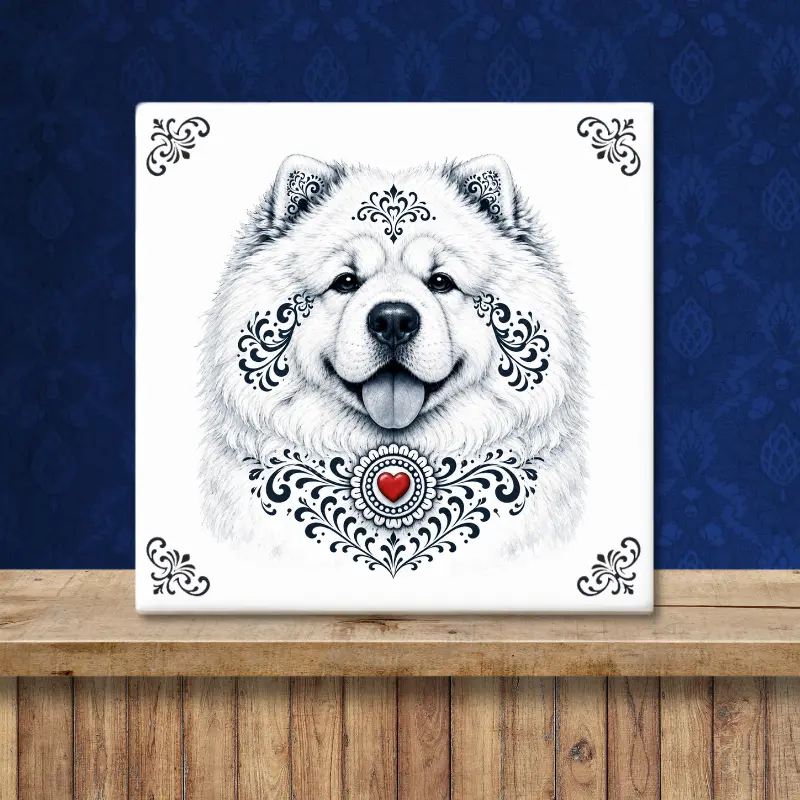 Chow Chow Zeeuws honden tegeltje Sfeerafbeelding van een tegeltje met Chow Chow in Zeeuwse stijl met rood hartje