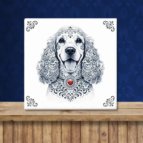 Sfeerafbeelding van een tegeltje met Cocker Spaniël hond in Zeeuwse stijl met rood hartje