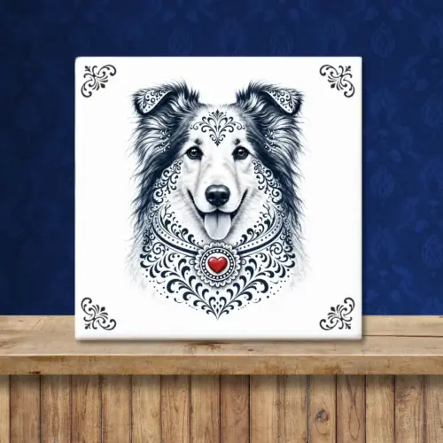 Sfeerafbeelding van een tegeltje met Collie | Schotse Herdershond Langhaar in Zeeuwse stijl met rood hartje