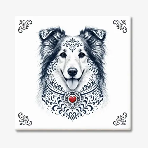 Tegeltje met Collie | Schotse Herdershond Langhaar in Zeeuwse stijl met rood hartje