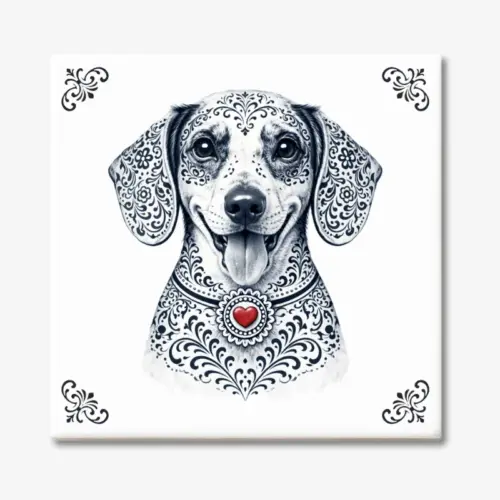 Tegeltje met Dashond | Teckel hond in Zeeuwse stijl met rood hartje