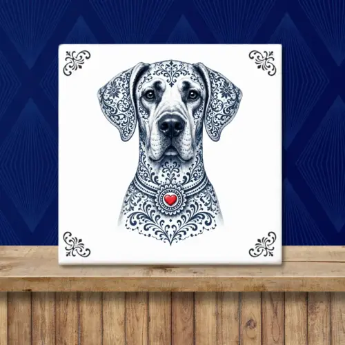 Sfeerafbeelding van een tegeltje met Duitse Dog hond in Zeeuwse stijl met rood hartje