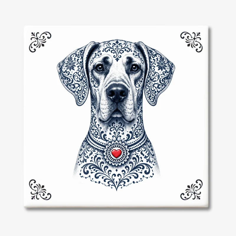 Duitse Dog Zeeuws honden tegeltje Tegeltje met Duitse Dog hond in Zeeuwse stijl met rood hartje