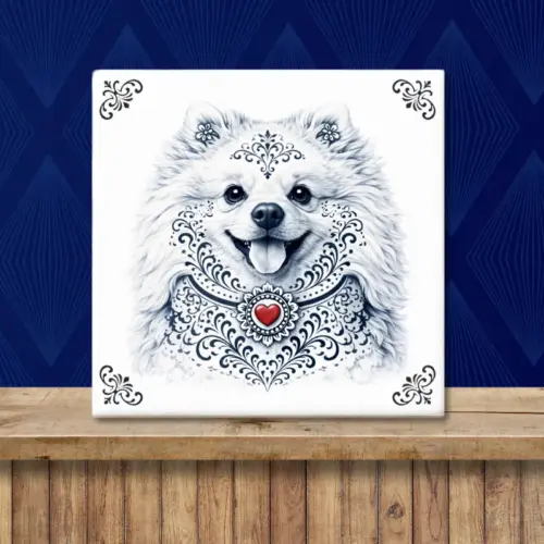 Sfeerafbeelding van een tegeltje met Dwergkeeshond | Pomeriaan in Zeeuwse stijl met rood hartje