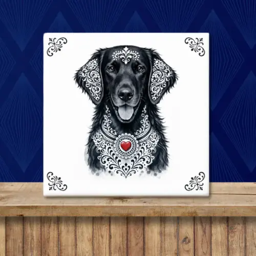 Sfeerafbeelding van een tegeltje met Flatcoated Retriever hond in Zeeuwse stijl met rood hartje