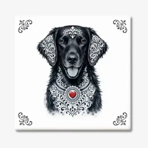 Tegeltje met Flatcoated Retriever hond in Zeeuwse stijl met rood hartje