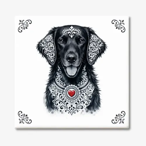 Tegeltje met Flatcoated Retriever hond in Zeeuwse stijl met rood hartje