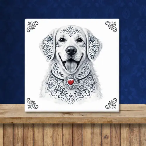 Sfeerafbeelding van een tegeltje met Golden Retriever hond in Zeeuwse stijl met rood hartje