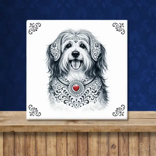 Sfeerafbeelding van een tegeltje met Havanezer hond in Zeeuwse stijl met rood hartje