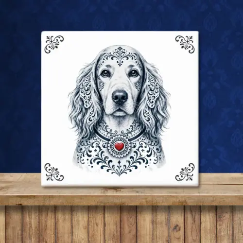 Sfeerafbeelding van een tegeltje met Ierse Setter hond in Zeeuwse stijl met rood hartje
