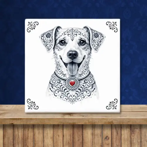 Sfeerafbeelding van een tegeltje met Jack Russell Terriër gladharige hond in Zeeuwse stijl met rood hartje