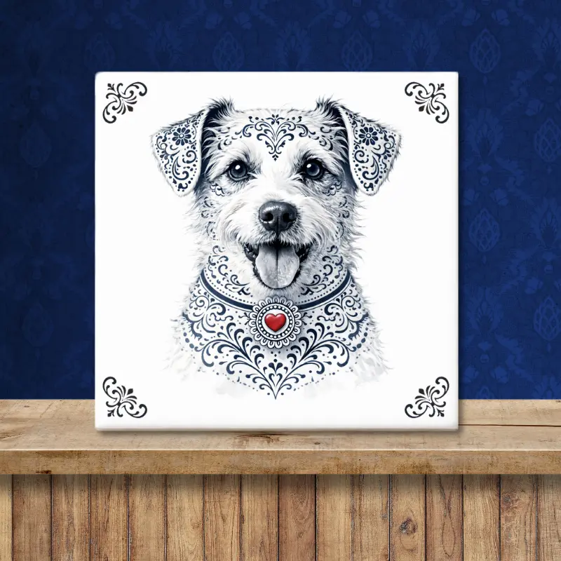 Jack Russell Terriër ruwharig Zeeuws honden tegeltje Sfeerafbeelding van een tegeltje met Jack Russell Terriër ruwharige hond in Zeeuwse stijl met rood hartje