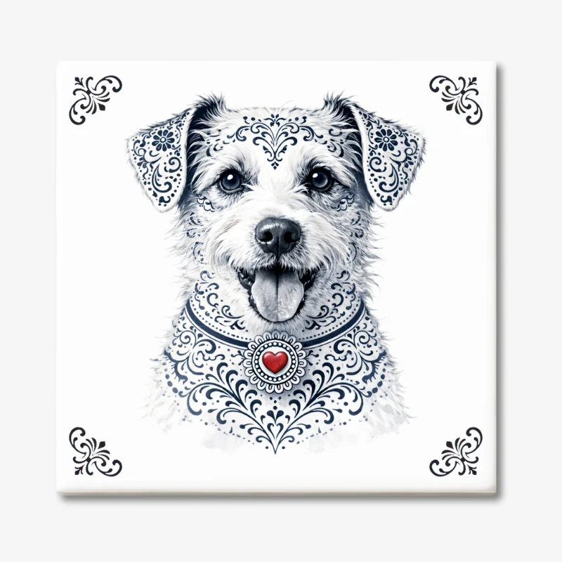 Jack Russell Terriër ruwharig Zeeuws honden tegeltje Tegeltje met Jack Russell Terriër ruwharige hond in Zeeuwse stijl met rood hartje