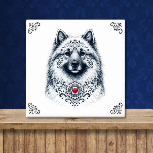 Sfeerafbeelding van een tegeltje met Keeshond in Zeeuwse stijl met rood hartje