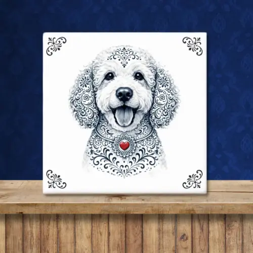 Sfeerafbeelding van een tegeltje met Labradoodle hond in Zeeuwse stijl met rood hartje