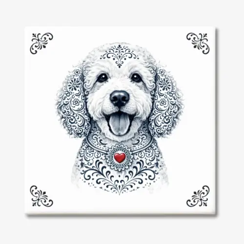 Tegeltje met Labradoodle hond in Zeeuwse stijl met rood hartje