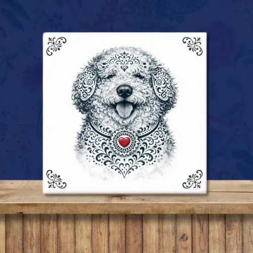 Sfeerafbeelding van een tegeltje met Lagotto Romagnolo hond in Zeeuwse stijl met rood hartje