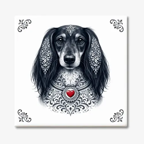 Tegeltje met Teckel langhaar | Dashond in Zeeuwse stijl met rood hartje