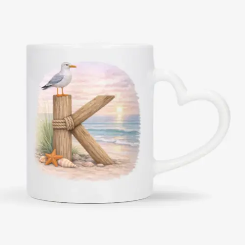 Mok met afbeelding van strand thema; letter K van hout met op de letter een meeuw. De mok heeft een hartvormig oor.