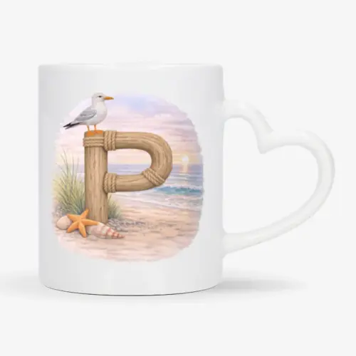 Mok met afbeelding van strand thema; letter P van hout met op de letter een meeuw. De mok heeft een hartvormig oor.