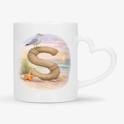 Mok met afbeelding van strand thema; letter S van hout met op de letter een meeuw. De mok heeft een hartvormig oor.
