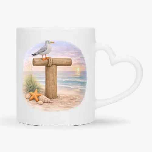 Mok met afbeelding van strand thema; letter T van hout met op de letter een meeuw. De mok heeft een hartvormig oor.
