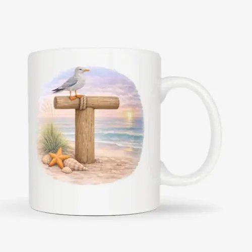 Mok met afbeelding van strand thema; letter T van hout met op de letter een meeuw. De mok heeft een standaard oor.