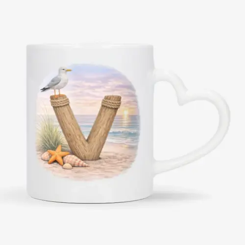 Mok met afbeelding van strand thema; letter V van hout met op de letter een meeuw. De mok heeft een hartvormig oor.