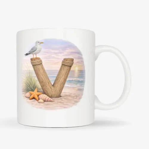 Mok met afbeelding van strand thema; letter V van hout met op de letter een meeuw. De mok heeft een standaard oor.