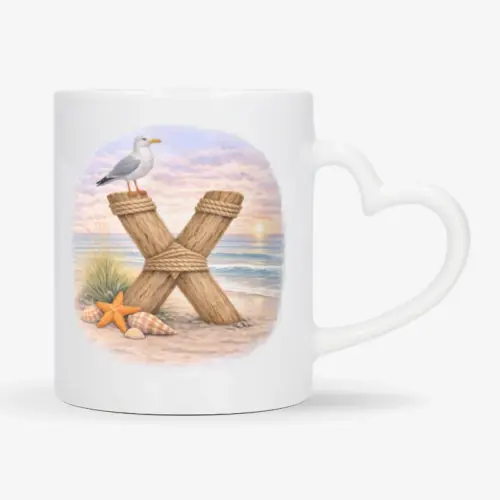 Mok met afbeelding van strand thema; letter X van hout met op de letter een meeuw. De mok heeft een hartvormig oor.