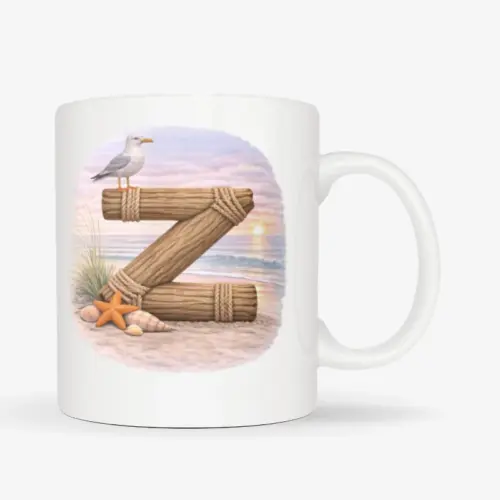 Mok met afbeelding van strand thema; letter Z van hout met op de letter een meeuw. De mok heeft een standaard oor.